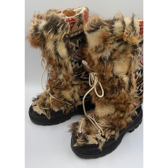 Muk Luks Women's Red Tan Knit Design Snow Boots Faux Fur Lined Size 9 Tan/Beige - Picture 11 of 16